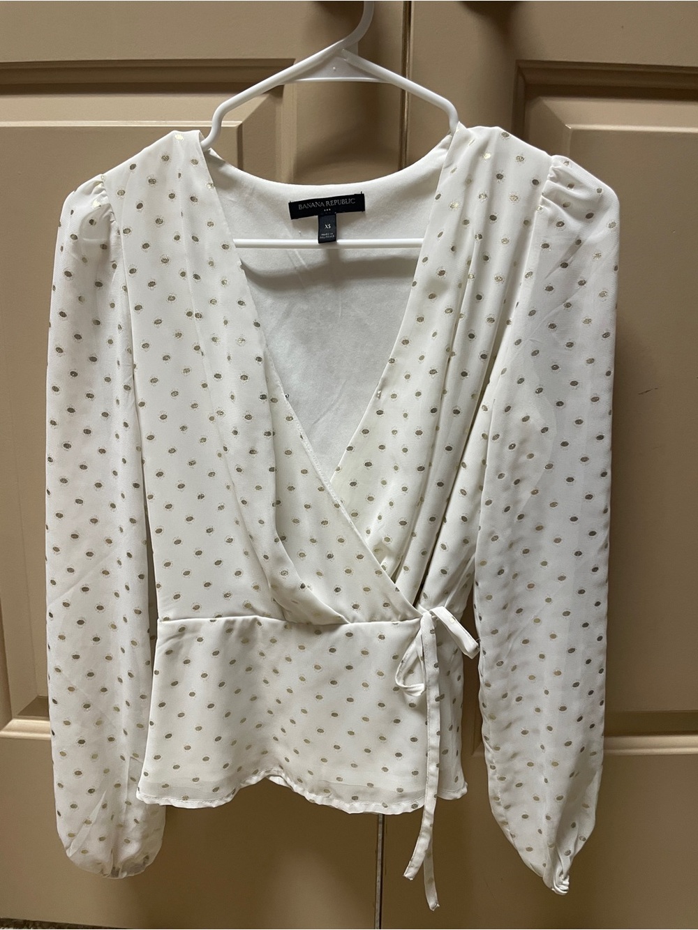 Banana Republic Ivory Wrap Blouse with Gold Dot Accent